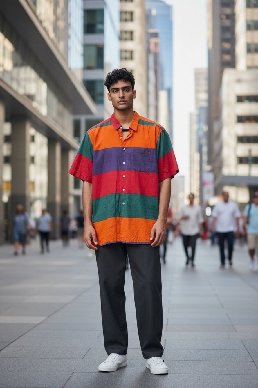 Vintage Bullocks Wilshire Color Block Shirt Mens L Cotton Made Hong Kong 80s 90s